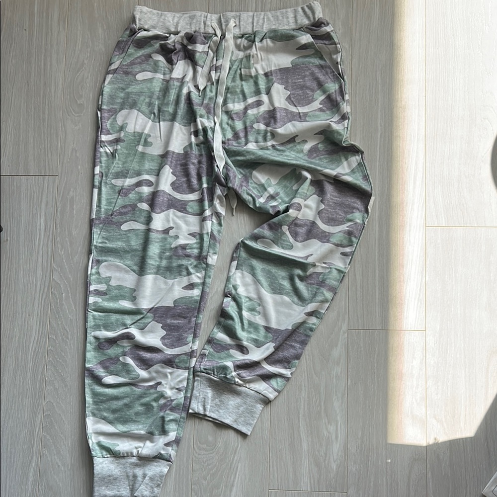 Green and Gray Camouflage Track Pants with Elastic Waistband